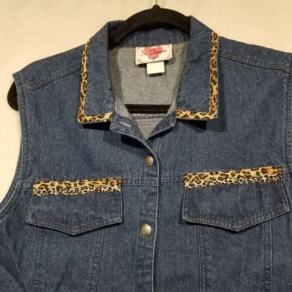 Vtg St. Joanne M/L Top Vest Blue Denim Leopard Beaded Fringe Boho Festival FLAW - Picture 3 of 9